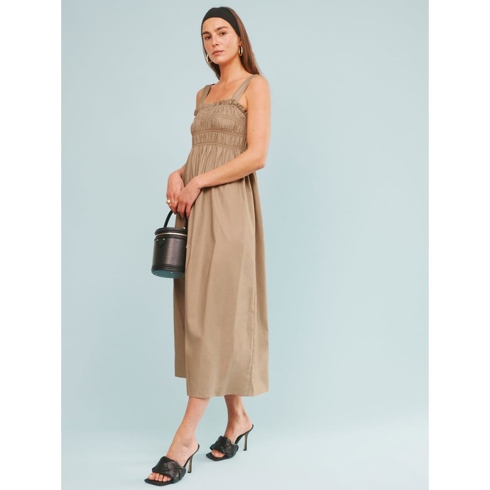 Reformation Solstice Maxi Dress S Tan Smocked Bodice Organic Cotton Sleeveless